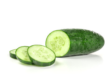 A photo of a cucumber with three slices on a white background
