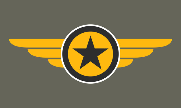Wings with star icon. Winged logo template.  Air force badge, army, military and aviation emblem. Vector illustration.