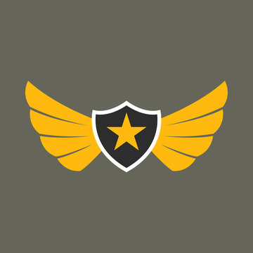 Shield with wings and star. Winged logo template.  Air force badge, army, military and aviation emblem. Vector illustration. 