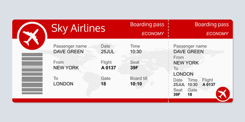 Plane ticket template. Airplane flight ticket blank. Boarding pass. Vector illustration.