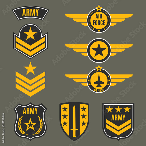 "Army and military badge set. Shields with army emblem. Vector