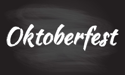 Oktoberfest banner isolated on blackboard texture with chalk rubbed background. Beer festival lettering typography. Oktoberfest logo, flyer, sticker design element. Vector illustration.