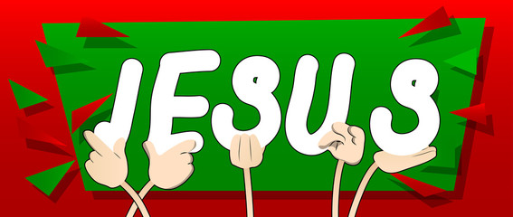 Diverse hands holding letters of the alphabet created the word Jesus. Vector illustration.