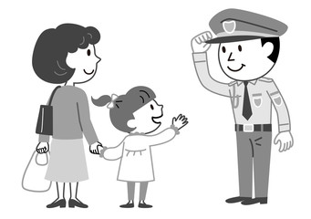 男性警備員　買い物客　モノクロ