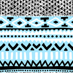 Vintage striped seamless pattern. Blue, black and white colors. Handmade. Ethnic and tribal motifs. Handmade. Prints for textiles. Vector illustration.