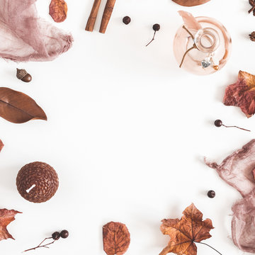 Autumn composition. Frame made of autumn things on white background. Flat lay, top view, square, copy space