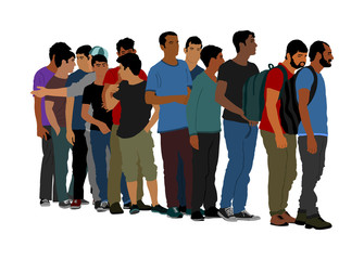 Group of people waiting in line vector isolated on white background. Group of refugees, migration crisis in Europe. Turkey war migration waves going through Schengen Area. Border situation in EU.