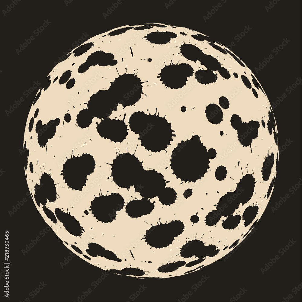 Wall mural graphic floating moon with ink spots craters in ivory and black