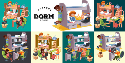 Welcome back to dorm room colorful flat set consist of interior of students apartments and building of dormitory vector illustration.