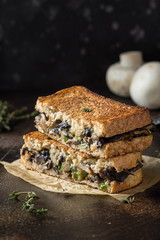 Hot sandwich with mushrooms, cheese and green onions, delicious lunch, autumn food. Dark background