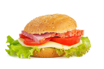 Homemade hamburger with ham, cheese, tomato and lettuce