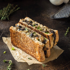 Hot sandwich with mushrooms, cheese and green onions, delicious lunch, autumn food. Dark background