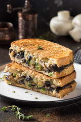 Hot sandwich with mushrooms, cheese and green onions, delicious lunch, autumn food. Dark background