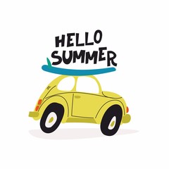 Cute illustration with a yellow car and the inscription: 