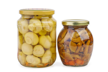 Glass jars with marinated mushrooms