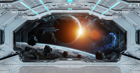White clean spaceship interior with view on planet Earth 3D rendering
