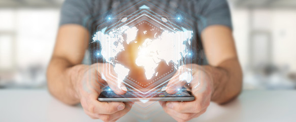 Businessman using digital world map interface 3D rendering