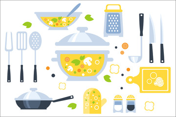 Soup Preparation Set Of Utensils Illustration. Flat Primitive Graphic Style Collection Of Cooking Items And Vegetables