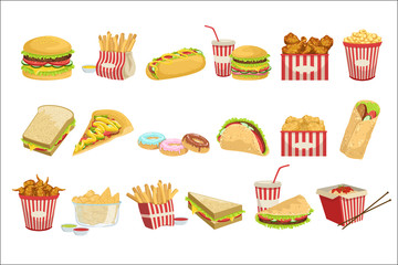 Fast Food Menu Items Realistic Detailed Illustrations