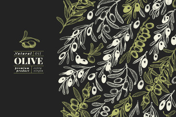 Olive tree banner template. Vector vintage illustration on chalk board. Hand drawn engraved style background. Design for olive oil, olive packaging, natural cosmetics, health care products.