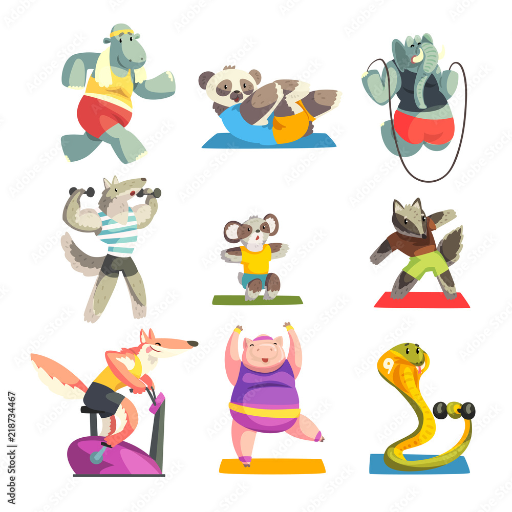 Canvas Prints Cute animals wearing uniform doing exercises using sports equipment set, sportive animal characters, fitness and healthy lifestyle vector Illustrations on a white background