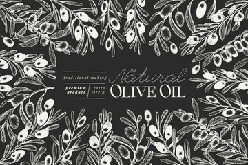 Olive tree banner template. Vector vintage illustration on chalk board. Hand drawn engraved style frame. Can be use for olive oil, olive packaging, natural cosmetics, health care products.