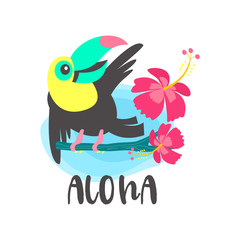 Hello summer. Aloha. Cute cheerful Toucan. Colorful vector illustration, emblem.