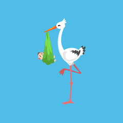 White stork carrying newborn baby, design template for baby shower banner, invitation, poster, greeting card vector Illustration