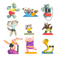 Cute animals wearing uniform doing exercises using sports equipment set, sportive animal characters, fitness and healthy lifestyle vector Illustrations on a white background