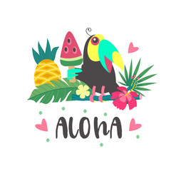 Hello summer. Aloha. Cute cheerful Toucan. Colorful vector illustration, emblem.