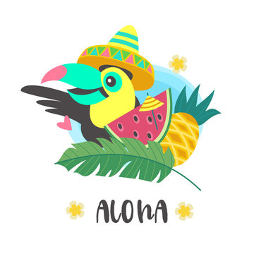 Hello summer. Aloha. Cute cheerful Toucan. Colorful vector illustration, emblem.