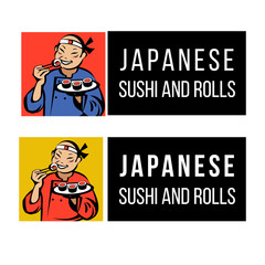 The Japanese eat sushi and rolls with chopsticks. Vector logo.