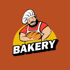 Cute Baker with freshly baked bread. Vector logo.