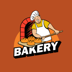 Baker baked bread in the oven. Vector logo.