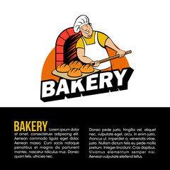 Baker baked bread in the oven. Vector logo.