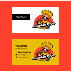 Mexican dressed in a national costume and hat holds a tray of traditional Mexican food. Vector logo.