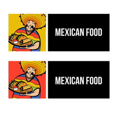 Mexican dressed in a national costume and hat holds a tray of traditional Mexican food. Vector logo.