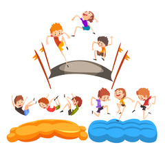 Happy kids jumping on trampoline, cute boys having fun on trampoline vector Illustration on a white background