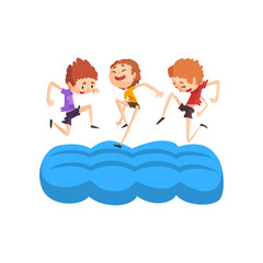 Happy boys having fun on inflatable trampoline vector Illustration on a white background