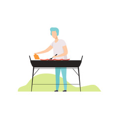 Young man cooking barbecue on grill outdoor vector Illustration on a white background