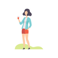 Young woman standing with plastic cup of drink, girl having outdoor bbq party vector Illustration on a white background