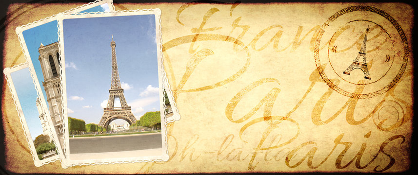 Vintage travel background with retro photos with landmarks of Paris