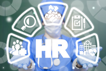 Doctor offers HR medical concept on a virtual panel. Human Resources health care recruitment clinic. Hospital Staffing.