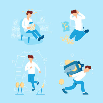 Person and money collection vector flat illustration. Man collects coins, carries the big heavy wallet with small money, running in hamster wheel and keeps in hands a jar with coins for donation