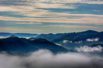 Fototapeta na wymiar Forests, mountains, fog and blue cloudy sky are landscape in Thailand.