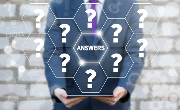 Businessman Offers A Tablet Pc With Answers Word And Questions On A Virtual Panel. FAQ, Support, Questions And Answer. Help Service Business Concept. Q&A, Discussion, Brainstorming.