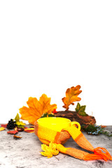 cup of tea with autumn leaves on grey table season of education