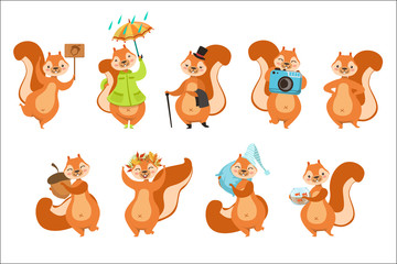 Squirrel Different Activities Set Of Girly Character Stickers