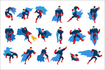 Superhero With Blue Cape In Different Comics Classic Poses Stickers © topvectors