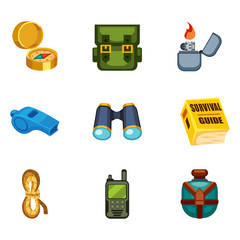 Set of cartoon survival game items - camping equipment